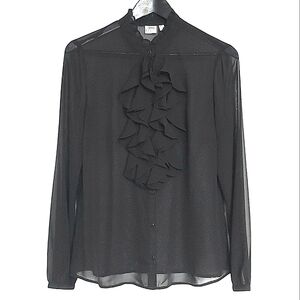 Esprit blouse womens L black sheer ruffle front high collar